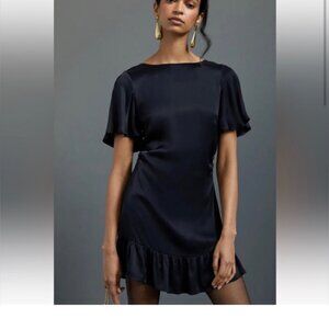 new ANTHROPOLOGIE black satin tie back mini dress with ruffle 8